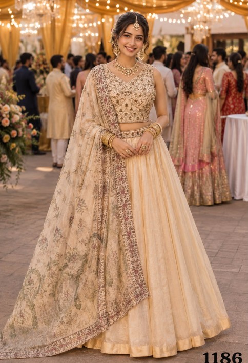 Cream Tissue Lehenga Choli with Embroidered and Zari Work